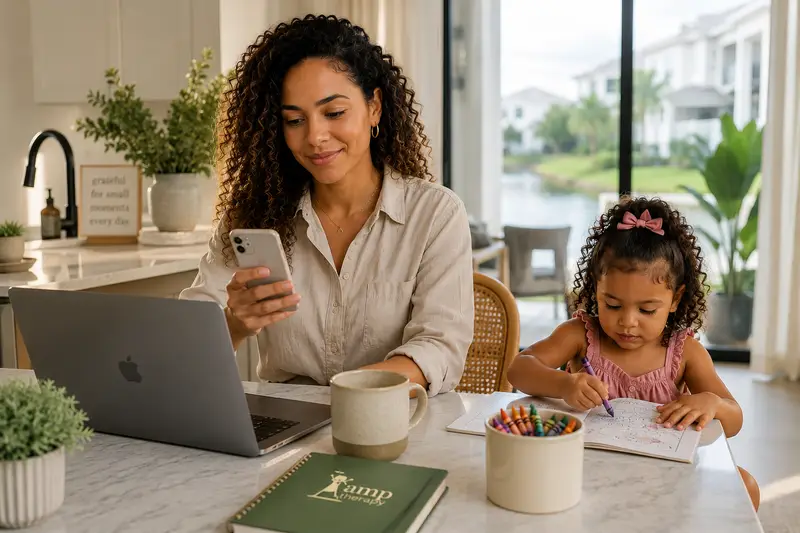 A mother on her phone while her daughter colors at the kitchen table